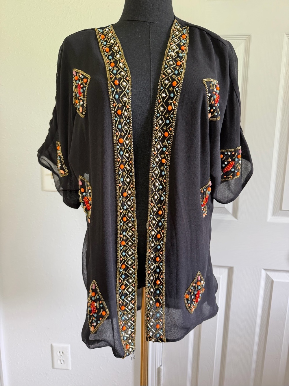 InLuv Beaded Boho Kimono Fairy Festival Embellished Black Duster Cardigan